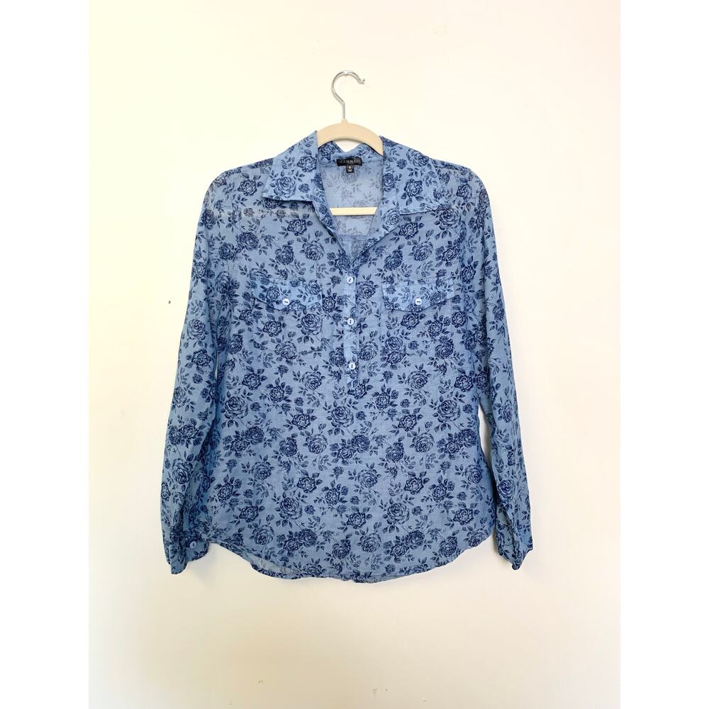 Womens Blue Floral Button Up Blouse Size Small Semi Sheer Cotton Boho Preppy